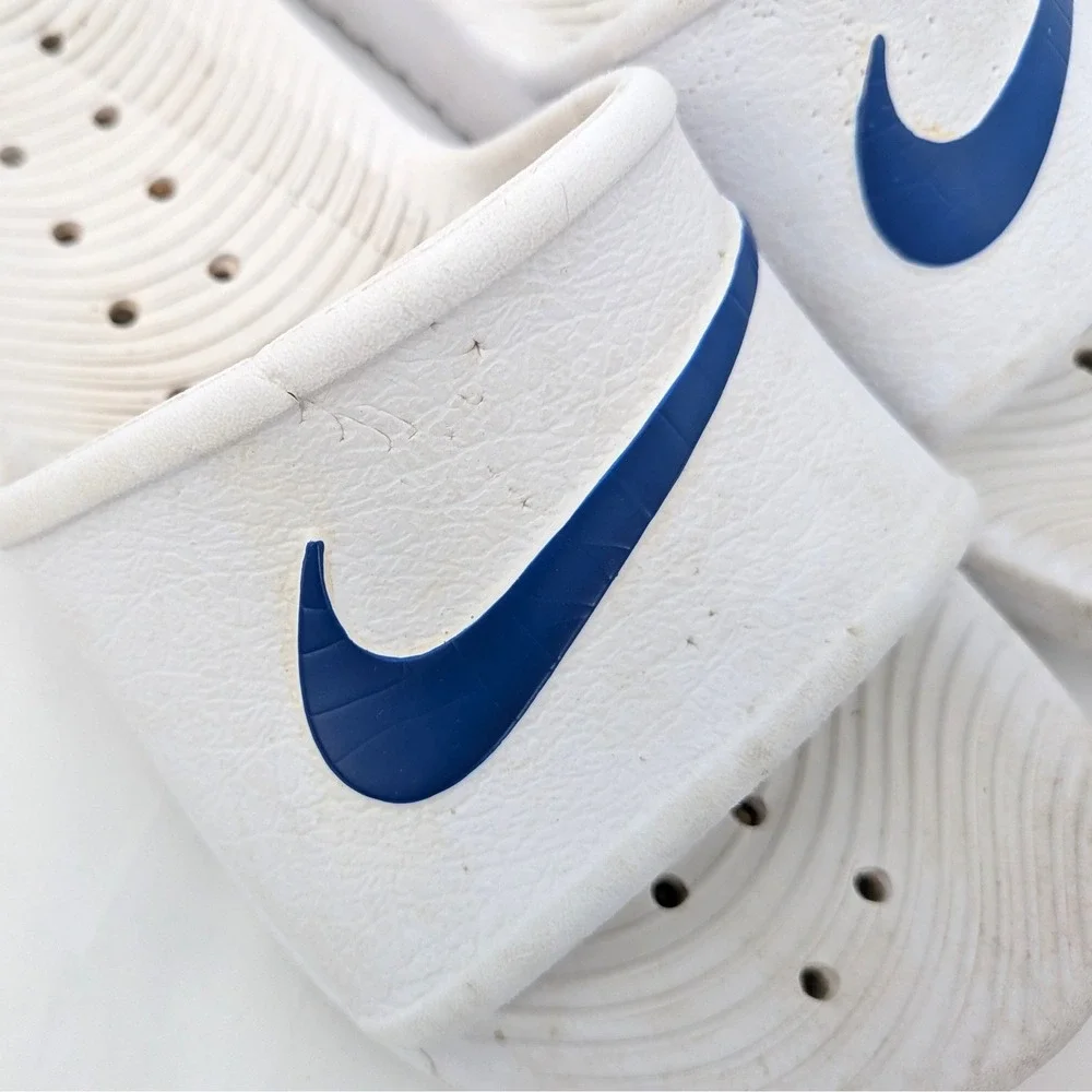 Sporty Athleisure Nike Slide Sandals White‎ Blue Swoosh Comfort Slides 7